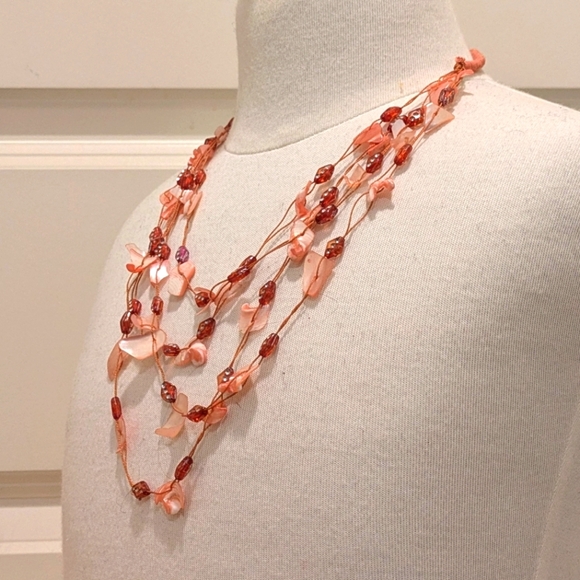 Vintage 19.5" Pink Natural Shell and Rope Necklace with Rhinestone Beads - Picture 2 of 6
